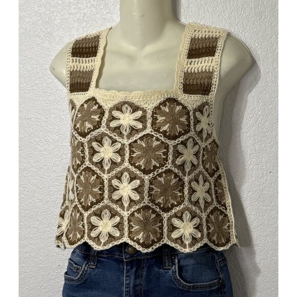 Granny Square Crochet Tank Top Brown Cream Y2K Boho Size S - Picture 3 of 10